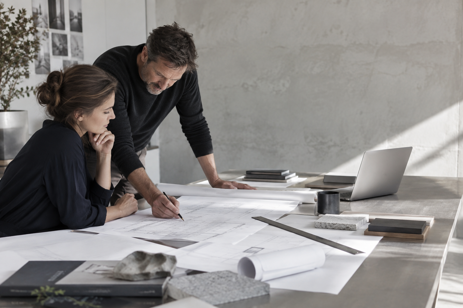 Two professionals carefully reviewing project plans