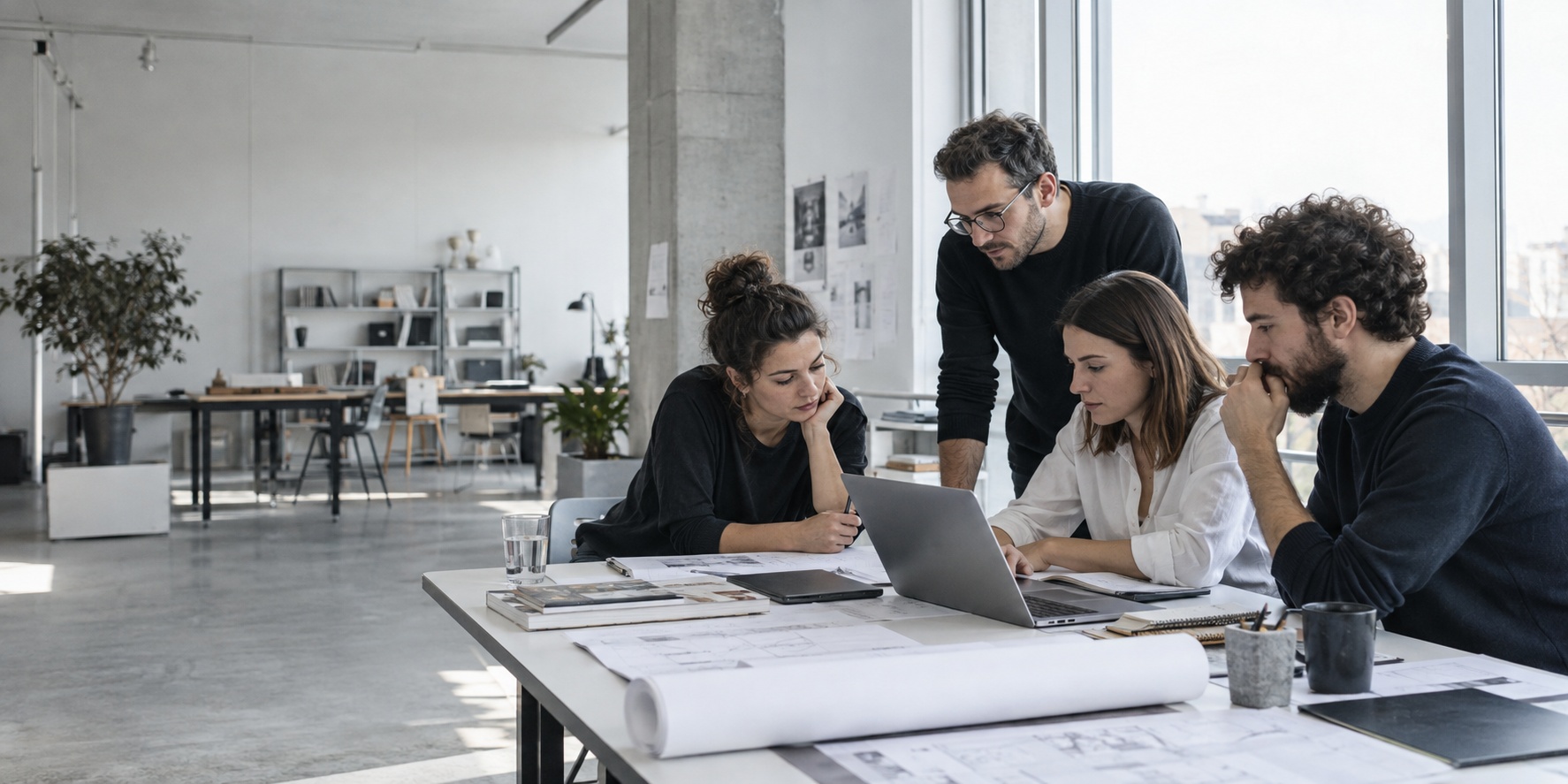 Professionals collaborating in a bright contemporary studio